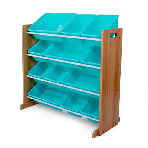 Humble Crew Toy Storage Organizer with 12 Removable Storage Bins for Kids Playroom, 4-Tier Toddler Toy Organization, Natural Wood/Aqua - color: Natural Wood/Aqua