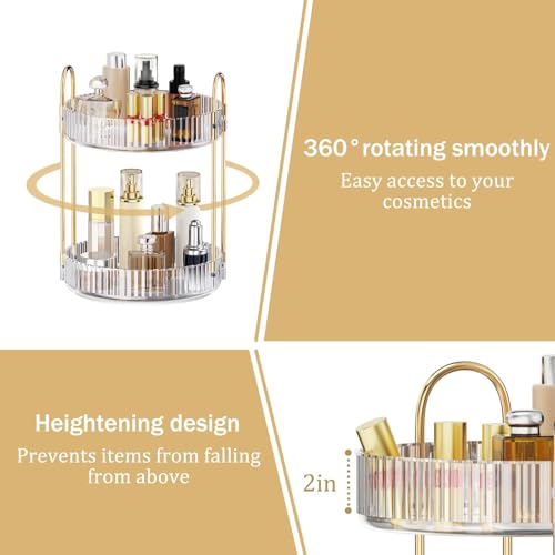 MOKANI 360 Rotating Makeup Organizer for Vanity, 2 Tier Adjustable Perfume Organizer for Dresser, Multi-Function Spinning Cosmetics Skincare Storage for Bedroom, Dresser, Countertop, Clear - color: B-Clear, size: 2 Tier