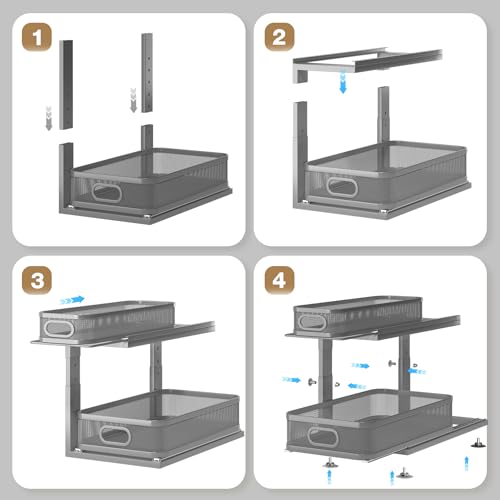 2 Pack 18.5IN-Depth Under Sink Organizer With Next-Gen Ball-Bearing Slides,2-Tier Precision Mesh Pull Out Cabinet Storage for Bathroom&Kitchen,Height Adjustable Drawers Shelf,Anti-rust-Grey - color: Gun Gray, size: 2 Pack-18.5"Dx12.4"-16.5"H