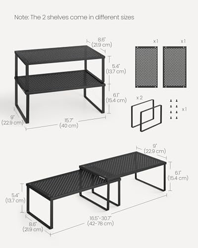 SONGMICS Spice Racks, Set of 2 Metal Cabinet Shelf Organizers, Countertop Organizers, Shelf Risers, Stackable, Expandable, Ink Black UKCS401B01 - color: Ink Black, size: 9"D x 15.7"W x 6.1"H + 8.6"D x 15.7"W x 5.4"H
