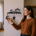 Tropical Style Key Holder Wall Mount with 7 Hooks, Key Hanger Organizer for Front Door, Hallway, Entryway & Office Decor, Featuring Sunset and Coconut Tree Design