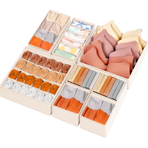Drawer Organizer Clothes, 8 Pack Dresser Organizer Bins for Baby Clothes, Underwear Sock, Fabric Closet Organization and Storage Dividers for Nursery Bedroom (48 Compartments, Beige) - color: Beige, size: 8 Pack