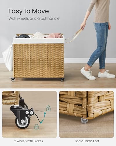 SONGMICS Laundry Hamper with Lid, 42.3 Gallons (160 L), Rolling Laundry Basket with Wheels, 3-Section Synthetic Rattan, Removable Liner, Bedroom, 29.9 x 13 x 26 Inches, Natural ULCB365N01 - color: Natural, size: 160 L