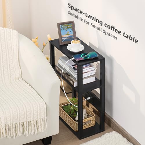 YUFAM 3-Tier Small Narrow Wood Side Table Set of 2 with Charging Station - Skinny Nightstand for Small Spaces, Slim Bedside Table with USB Ports and Outlets - Thin End Table with Storage, Black - color: Black, size: 2 Pack