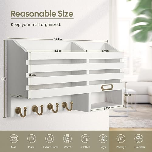FifthQuarter Key Holder for Wall: Easy Mounted Key Rack and Mail Organizer with Store Shelf and Four Sturdy Keys Hooks Decor in Kitchen|Farmhouse|Entryway|Mudroom (White) - color: C-White