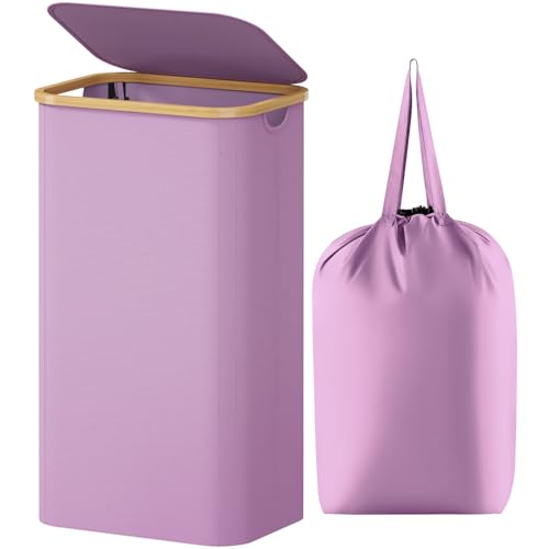 Lifewit 100L Laundry Basket with Lid, Clothes Hampers for Laundry with Bamboo Handles and 1 Removable Bag, Large Foldable Laundry Hamper for Bedroom, Bathroom, Dorm, Laundry Room, Purple - color: Purple, size: 100L