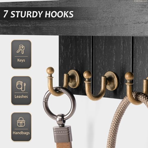Rebee Vision Decorative Key and Mail Holder for Wall - Farmhouse 15 Inches Floating Shelf with 7 Sturdy Key Hooks for Home Entryway Wall Decor - Rustic Key Racks (Black,15-inch) - color: Black, size: 15-inch