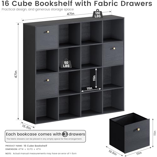Black Cube Storage Organizer, 16 Open Cubes Bookshelf with 3 Storage Drawers, Freestanding Book Case for Living Room Bedroom, Wooden Cuby Shelves with Wood Grain Finish, 47” Wide Cubicle Shelf - color: Black, size: 16 Cube