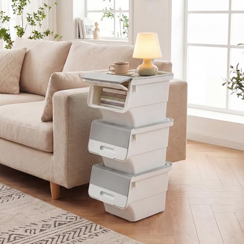 Giantex Plastic Stackable Storage Bins with Lids & Wheels, 3 Pack Open Front Stacking Bins, Organizer Bins for Pantry, Kitchen, Laundry, Closet, Playroom, Bedroom Organization （12.5 QT） - color: White + Gray, size: 3 Pack, 12.5 QT