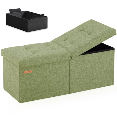 HAUSFRAU 31.5 Inches Ottoman with Storage Bench, Folding Ottoman Bench Small Foot Rest Stool, Bedroom Bench with Flipping Lid, Linen Avocado - color: Avocado, size: 13"D x 31.5"W x 13"H