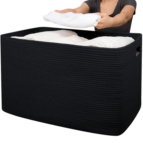 OIAHOMY 118L XXXLarge Cotton Rope Storage Basket, Oversized Blanket Basket, Used for Organizing Dirty Clothes in Living Room, Bedroom, Nursery, Dog Toy Storage Bins, 25" x 17" x 16",Black - color: Black