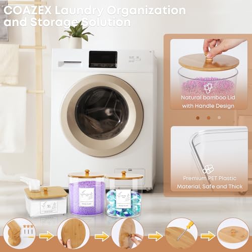 COAZEX 3 Pack Laundry Powder Container & Dryer Sheet Holder, Large Plastic Laundry Room Organization and Storage Jars with Lids, Labels & Scoops for Powder, Detergent, Scent Booster - color: B-Clear