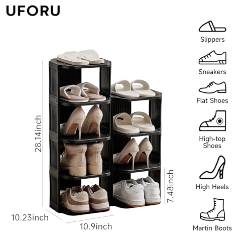 Vertical Shoe Rack, 9-Tier Plastic Stackable Storage Shelf for Small Closets and Narrow Spaces, Compact Free Standing Shoe Racks for Entryway Bedroom Dormitory - color: Black, size: 9 Tiers