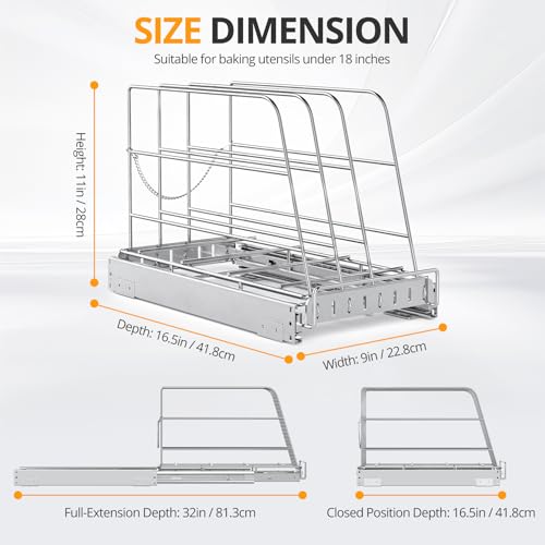 Pull Out Cabinet Organizer for Cutting Board, Cookie Sheet, Baking Sheet, Stainless Steel Sliding Rack for Bakeware & Trays, Heavy-Duty Cutting Board Organizer (9” x 16.5” (22.8 x 41.8 cm)) - style: 9”W x 16.5”D (22.8 x 41.8 cm)