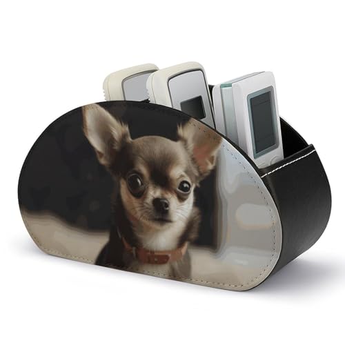 PU Leather Remote Control Organizer Box 5-Slot Multifunctional Cute Chihuahua Storage Holder for TV/DVD/Accessories Stylish Desk Decor for Living Room, Bedroom, Office - color: Cute chihuahua