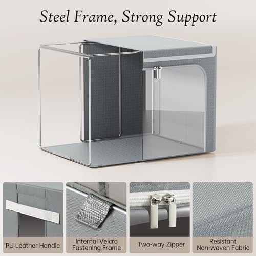 Yecaye Clothes Storage Bins with Metal Frame, Foldable Clothing Storage Bin with Lid, Stackable Oxford Fabric Organizer Box With Clear Window & Zippers & PU Leather Handles (4 Pack,Grey,40L) - color: Grey, size: Medium(4 Pack)
