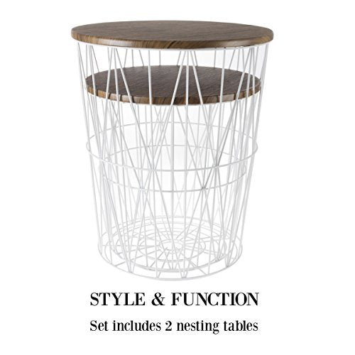 End Tables Set of 2 - Nesting Tables with Removable Wood Tops and Metal Wire Baskets for Blanket Storage - Round Side Furniture for Living Room, Bedroom, or Home Office by Lavish Home (Brown/White) - color: White Diamond