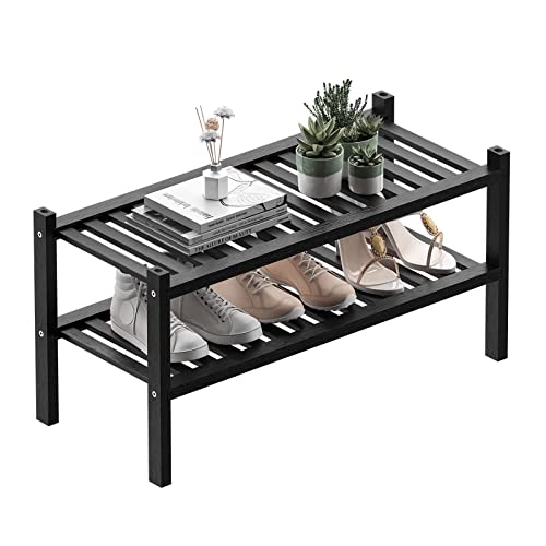 ROMGUAR CRAFT 2 Tier (Thick) Bamboo Shoe Rack for Closet Free Standing Wood Shoe Shelf for Entryway Small Space Stackable 27"x12"x14" (Black) - color: Black, size: 2 Tier(Thick)