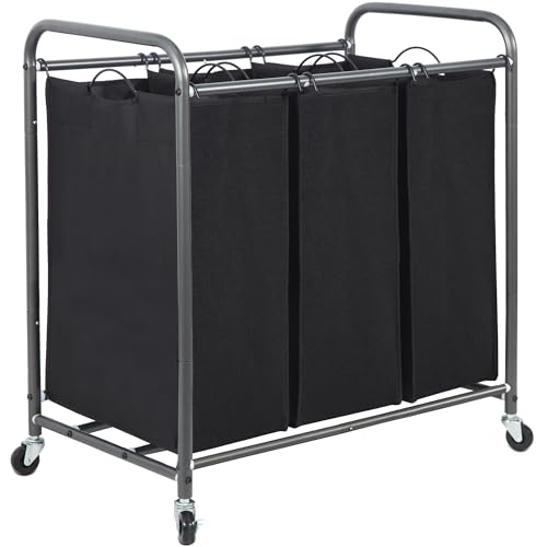 STORAGE MANIAC 3 Section Laundry Sorter, 35.9 Gal (136 L) Laundry Hamper Cart with Heavy Duty Rolling Lockable Wheels and Removable Bags, Clothes Organizer Basket Clothes Separator Hamper, Black - color: Black, size: 3 Section