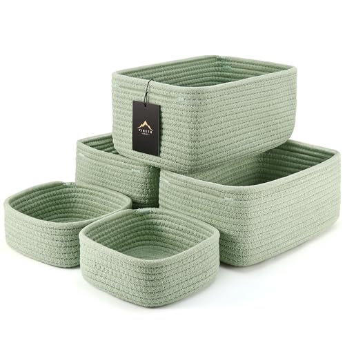 5-Pack Small Woven Rope Storage Baskets – 2 Sizes Organizer Bins for Closet, Shelf, Bookshelf, Nursery, Changing Table, Fabric Cube Boxes, Rectangular Shallow Bins for Bathroom, Toy & Home - color: Green