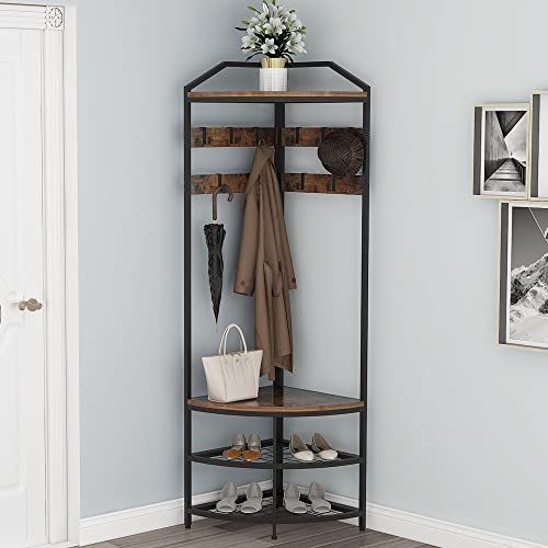 GiftGo Corner Hall Tree with Shoe Bench Entryway Coat Rack with 10 Metal Movable Hooks Floor Standing Clothes Rack Shoes Shelf Organizer for Home Office Bedroom (Rustic Brown) - color: Rustic Brown