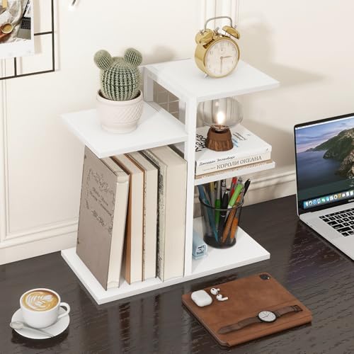 ELITEROO Desk Bookshelf, 4 Tier Wood Desktop Bookshelf, Adjustable Table Top Book Shelf and Storage Rack for Office Supplies, Dorm, Home Office, White - color: White