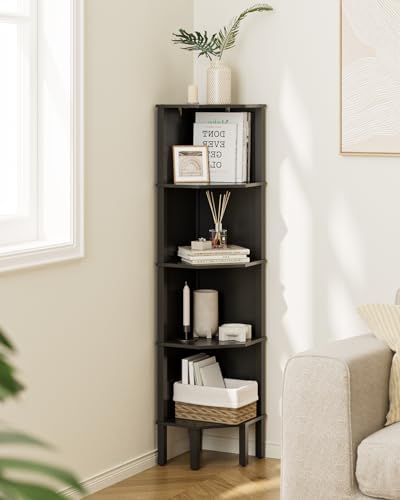Corner Shelf, 5 Tier Corner Bookshelf, Display Corner Shelf Stand with Storage Rack, Wall Corner Bookshelf for Living Room, Bedroom, Office, Black - color: Black Without Light