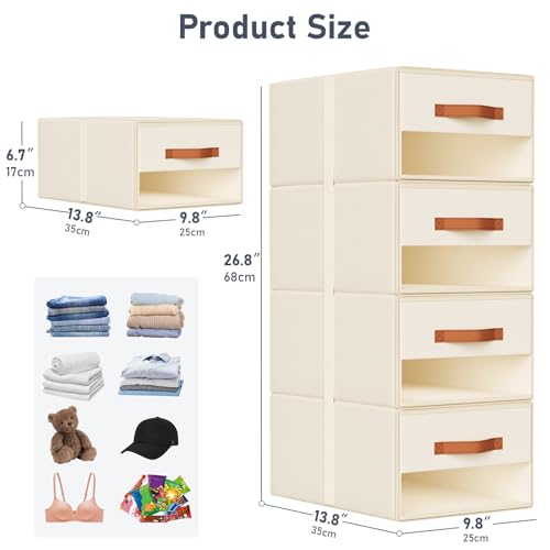 DIMJ Closet Organizers and Storage - Fabric Bins with Drawers for Closet Foldable Clothes Organizers with Clear Window, Stackable Storage Drawers Units for Bedroom, Living Room, Medium 4-Pack, Beige - color: Beige, size: Medium - 4 Pack