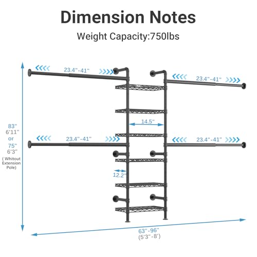 Timate S3X Medium Expandable Wall Mounted Closet System, Heavy Duty Clothes Rack with 6 Adjustable Metal Shelves & 4 Hanger Rods, Closet Organizers and Storage Fits Spaces 5'3"- 8', Black - color: Black, size: S3X Medium