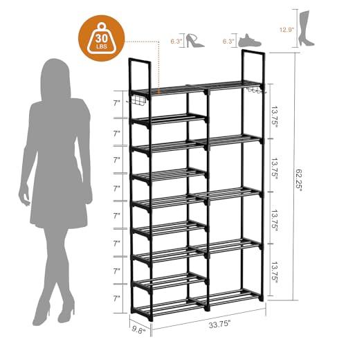 WOWLIVE 9 Tiers Shoe Rack Shoe Storage Shoe Organizer 30-35 Pairs Shoe Tower Unit Shelf Durable Metal Pipes with Plastic Connectors Stackable Cabinet Black(SSS2B9) - color: Black, size: 2 Row 9 Tier