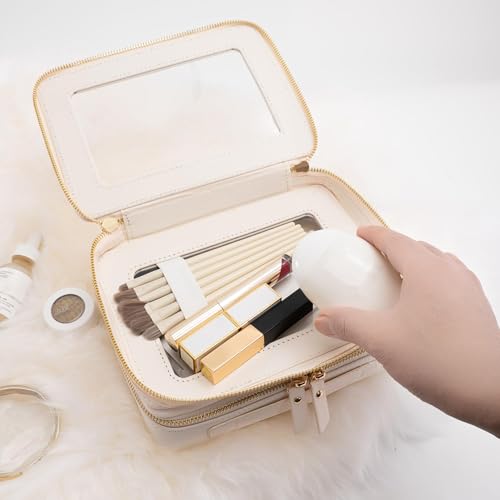 Aveniee Clear Makeup Bags, Double Layer Cosmetic Case with Separate Brush Compartment, Large Toiletry Organizer for Women, Travel Accessories Holder(2 Layers Large, White) - color: Off-White, style: Dual Layer Large