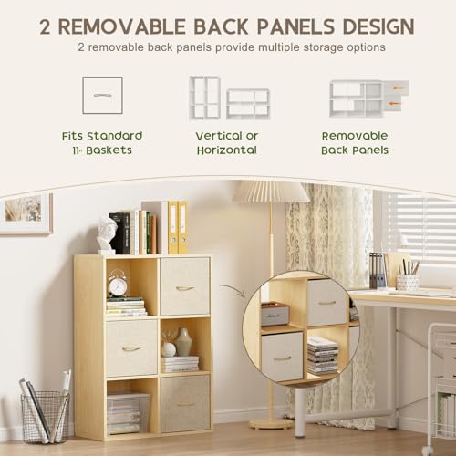6 Cube Storage Organizer - Solid Wood Bookshelf with 3 Storage Bins, Cube Shelf with 2 Removable Back Panels, Vertical or Horizontal Bookcase, Open Book Shelf for Bedroom, Living Room, Office - size: 6 Cube Shelf