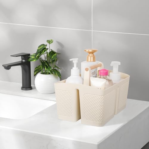 rejomiik Portable Shower Caddy Basket Plastic Cleaning Caddy Organizer Storage Tote with Handle for Bathroom, College, Dorm Room Essentials, Cream - color: Cream