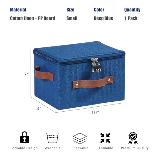 Storage Bins Boxes with Zipper Lid Combination Lock PU Leather Handles Cotton Linen Fabric Lidded Lockable Baskets Foldable Washable Closet Shelf Organizer Container (Deep Blue, Small) - color: Deep Blue, size: Small ( Set of 1 )