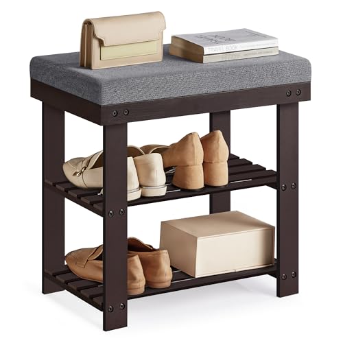 SONGMICS Bamboo Shoe Bench, 3-Tier Shoe Rack Organizer for Entryway, Living Room, Bench Seat Holds Up to 300 lb, 11.9 x 20.5 x 19.2 Inches, Rustic Walnut and Slate Gray ULBS504M01 - color: Rustic Walnut + Slate Gray, size: 20.5"W