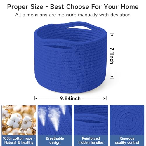 Small Rope Baskets for Storage, Baskets for Gifts Empty, Cute Round Woven Basket, Decorative Shelf Baskets 9.82×9.82×7.1", Cotton Toy Basket Storage Bins for Organizer 3 Packs - color: Deep Blue-3PCS