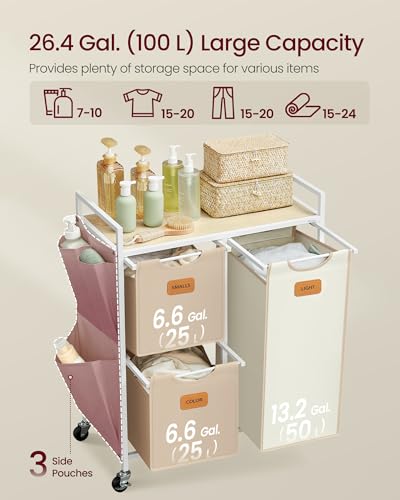 VASAGLE Laundry Hamper with 3 Compartments, 26.4 Gal. (100 L) Laundry Sorter, Rolling Laundry Cart with Shelves, Small Side Pockets, 6 Labels, Natural Beige, Camel Brown and Cream White UBLH202N01 - color: Natural Beige + Camel Brown + Cream White, size: