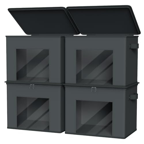 Zilink Fabric Organizer Bins with Lids 4-Pack Collapsible Stackable Storage Bins with Zipper & Clear Window Closet Organizer Storage Bins for Home, Office, Bedroom (Dark Grey,17" x 12" x 12") - color: Dark Grey