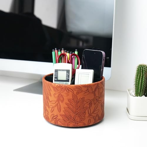 Hennaja Round Leather Art Supply Organizer,Remote Control Holder,360 Degree Spinning,Multi-Functional Pencil Holder,4 Compartments Desktop Stationary Organizer(1-Carved Brown) - color: 1-Carved Brown