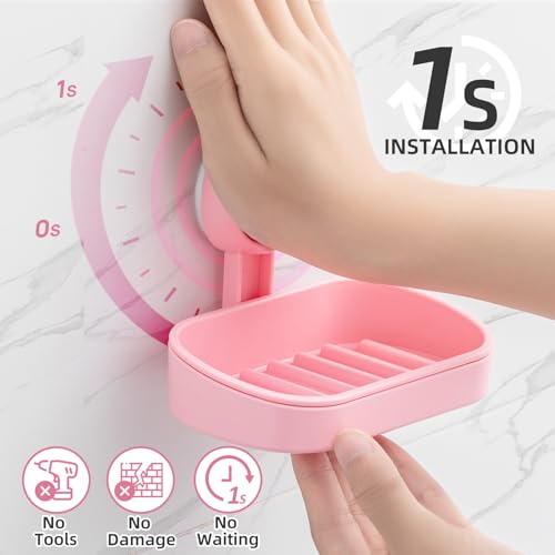 LEVERLOC Soap Dish Holder for Shower Suction Cup Wall Mounted Self Draining NO-Drilling Removable Bar Soap Sponge Holder for Bathroom Bathtub Kitchen Sink Waterproof Strong Vacuum Suction, Pink - style: 1 tier Pink
