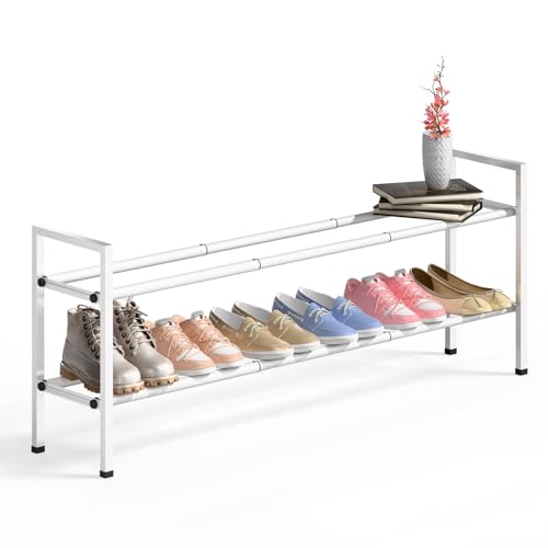 Bumusty 2-Tier Long Expandable Shoe Rack for Closet, 18"-44" Adjustable Shoe Rack for Entryway, 10-12 Pairs Large Shoe Organizer Shelf Storage, Sturdy Metal, White - color: White, size: 2-Tier