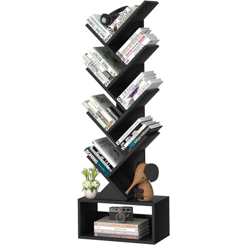SHEEPAM 9 Tier Tree Bookshelf,Christmas Green Bookcase for Narrow Space, Storage Organizer Floor Standing Bookshelves for Books, Tall Book Case for Home Office, Living Room, Bedroom - color: Classic Black, size: 9 Tier