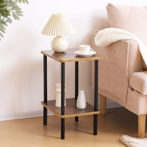Apicizon 2 Tier End Table Set of 2, Small Side Table with Solid Wood Legs, Boho Bedside Table with Storage Shelf, Nightstand for Small Spaces, Bedroom, Living Room, Entryway, Easy Assembly, Brown - color: Brown, size: 2 Set, style: 2 Tier