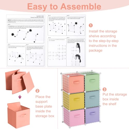 Leinuosen 6 Cube Storage Organizer with 6 Foldable Fabric Storage Bins, Metal Wire Grid Shelves, Stackable Modular Closet Organizer for Bedroom Living Room Office Toys Books(White,Fresh Color) - color: White,Fresh Color