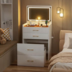 3 in 1 Makeup Vanity Desk with Flip Top Mirror and Lights, Glass Top Compact Vanity with Charging Station, 3 Drawers, Cushioned Stool for Bedroom Gift, White