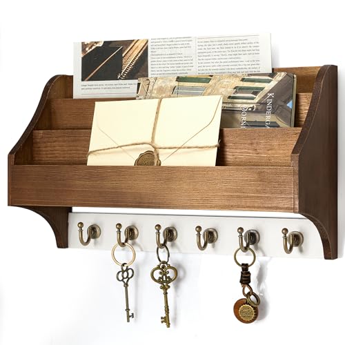 Rebee Vision Pine Wood Key Holder Wall Mount - Farmhouse 3-Tire Mail Holder with 6 Key Hooks for Home Decor- Multifunctional Wall Organizer for Hanging Letter (Brown&White) - color: Brown&White