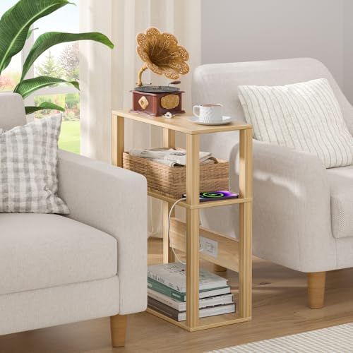 YUFAM 3 Tier Small Narrow Bamboo Side Table Set of 2 with Charging Station - Skinny Nightstand for Small Spaces, Slim Bedside Table with USB Ports and Outlets - Thin End Table with Storage, Natural - color: Natural, size: 2 Pack