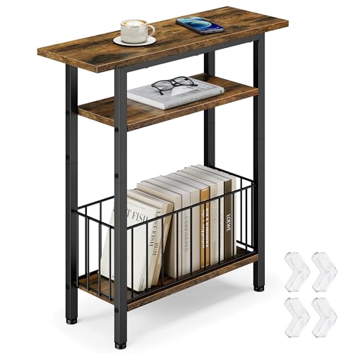 Vagusicc Narrow Side Table, 3-Tier Skinny End Table for Couch Sofa, Small Side Tables for Small Spaces, Bed Side Table with Storage, 25.2" Tall Slim Nightstand for Living Room, Bedroom, Rustic Brown - color: Rustic Brown, style: Ordinary