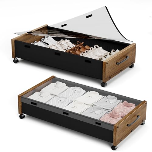 KITHELP Wooden Under Bed Storage with Wheels, Rolling Under the Bed Storage Bins with Removable Lid, Metal Under Bed Drawers for Clothes and Shoes in Bedroom or Living Room(Walnut Brown-2pack) - color: Walnut Brown-2 pack