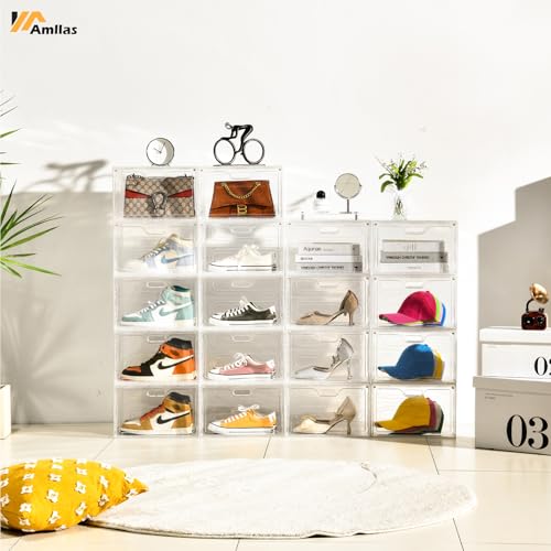 Amllas 8 Pack Shoe Boxes Clear Plastic Stackable, Large Shoe Storage Organizer with Lids,Drop Side Shoe Containers for Entryway,Sneaker Storage Fit up to US Size 13 (13’’x 10.6”x 8.3”) - color: Clear